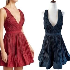 Alexis Marilou Crinkled A-Line Plunge Neck Mini Dress in BLACK Size Medium